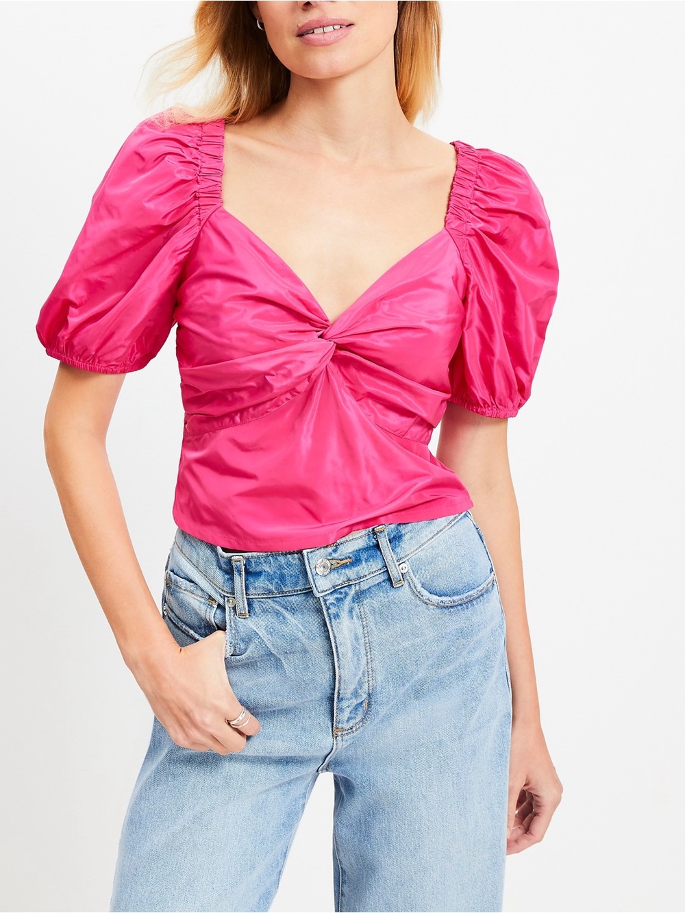 Loft Taffeta Puff Sleeve Sweetheart Pink Cropped Top Size 8 NWT